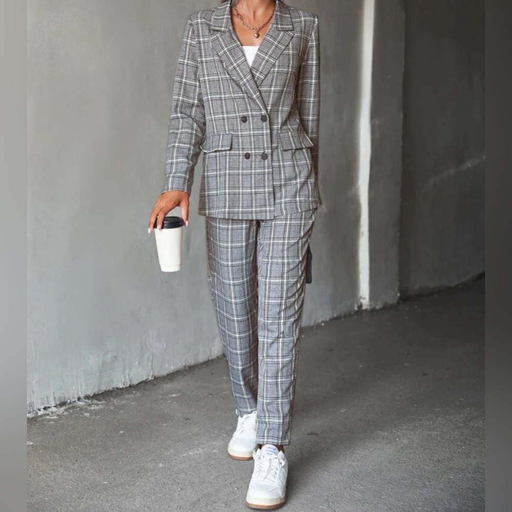 Plaid Print Double Breasted Blazer & Pants